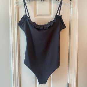 NWT Susana Monaco Ruffle Trim Thong Bodysuit Cami Top in Charcoal Size S